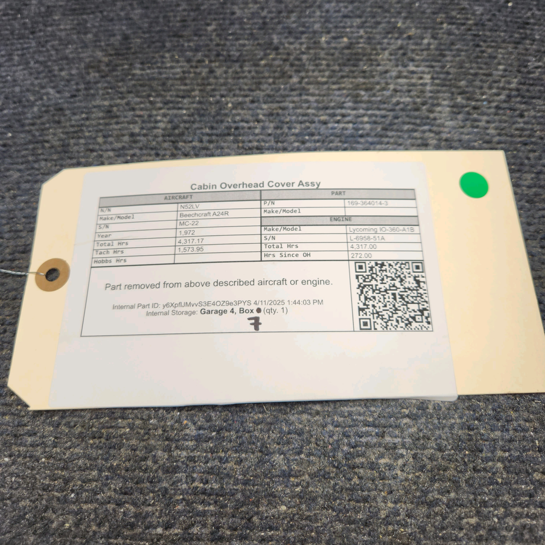 Used aircraft parts for sale, 169-364014-3 Beechcraft A24R Cabin Overhead Cover Assy