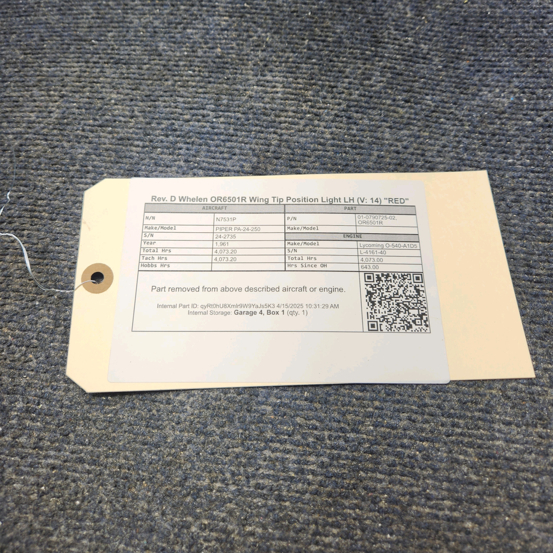 Used aircraft parts for sale, 01-0790725-02 WHELEN OR6501R PIPER PA-24-250 Rev. D Whelen OR6501R Wing Tip Position Light LH  (V: 14) "RED"