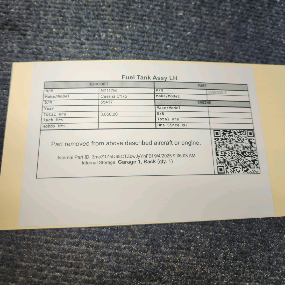 Used aircraft parts for sale, 0592300-2 Cessna C175 Fuel Tank Assy - LH