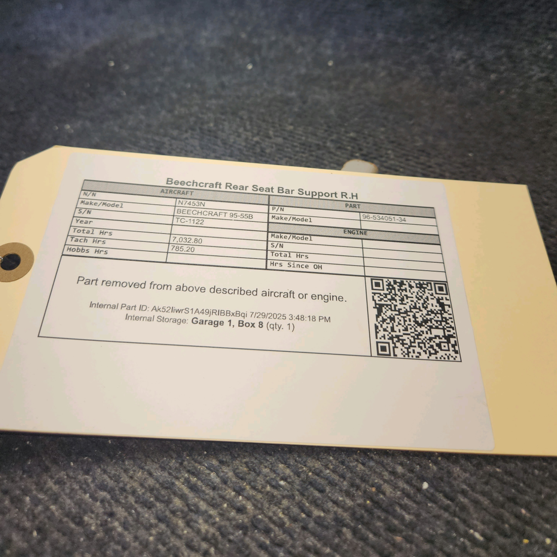 Used aircraft parts for sale, 96-534051-34 BEECHCRAFT 95-55B Rear Seat Bar Support - RH