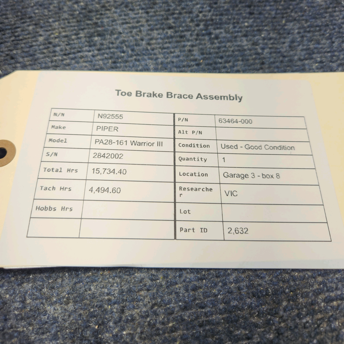 Used aircraft parts for sale, 63464-000 PIPER PA28-161 Warrior III TOE BRAKE BRACE ASSEMBLY