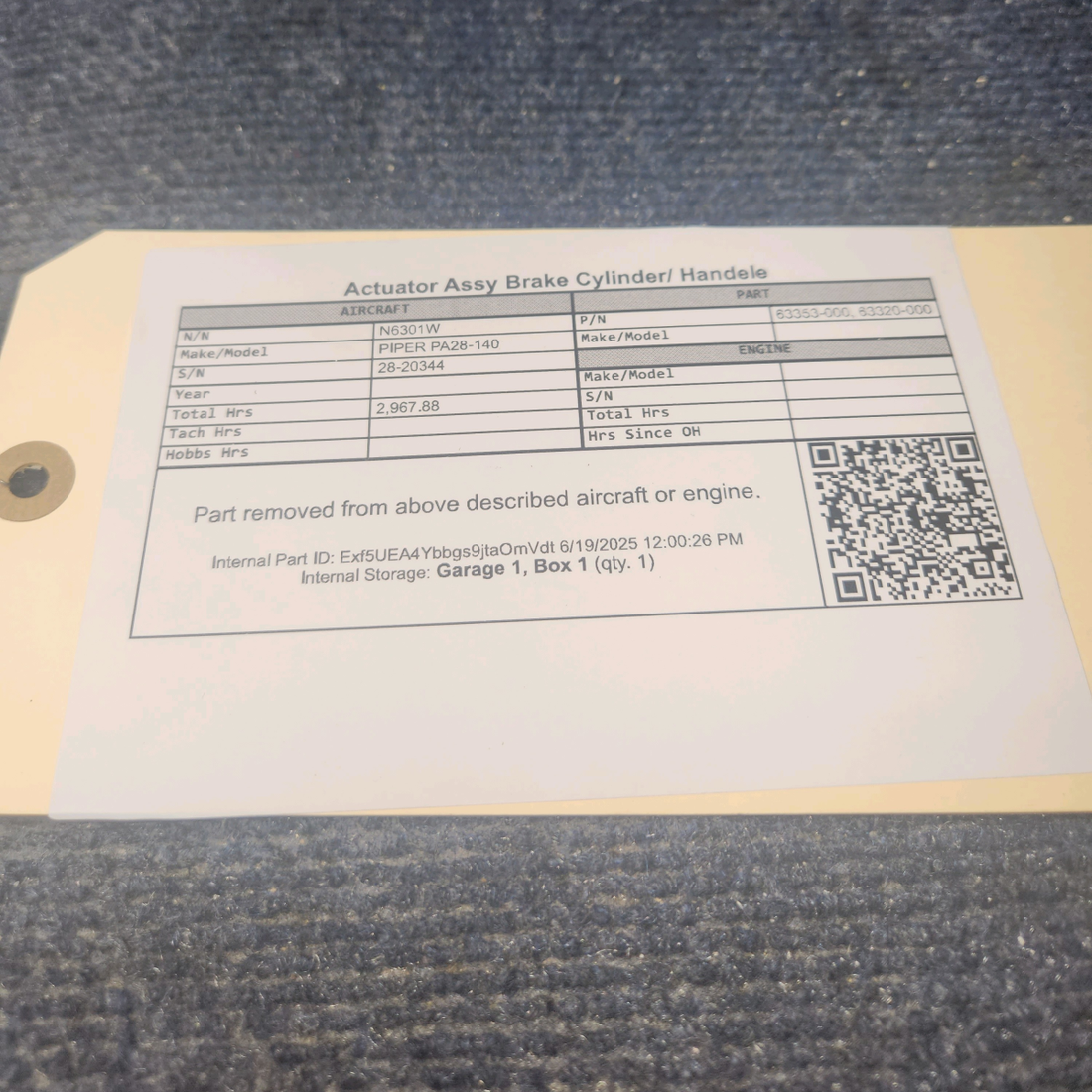 Used aircraft parts for sale, 63353-000 PIPER PA28-140 Actuator Assy Brake Cylinder/ Handele
