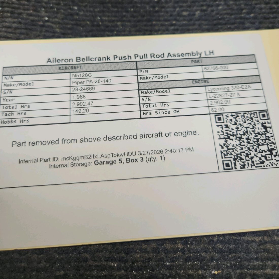 Used aircraft parts for sale, 62766-000 Piper PA-28-140 Aileron Rod Assembly