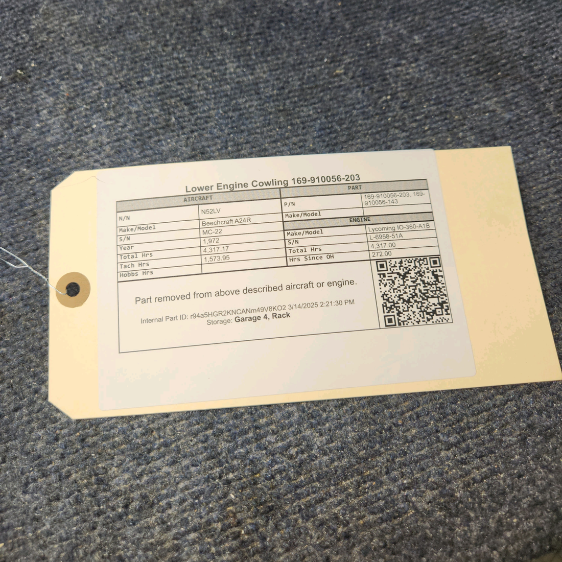 Used aircraft parts for sale, 169-910056-203 Beechcraft A24R Lower Engine Cowling