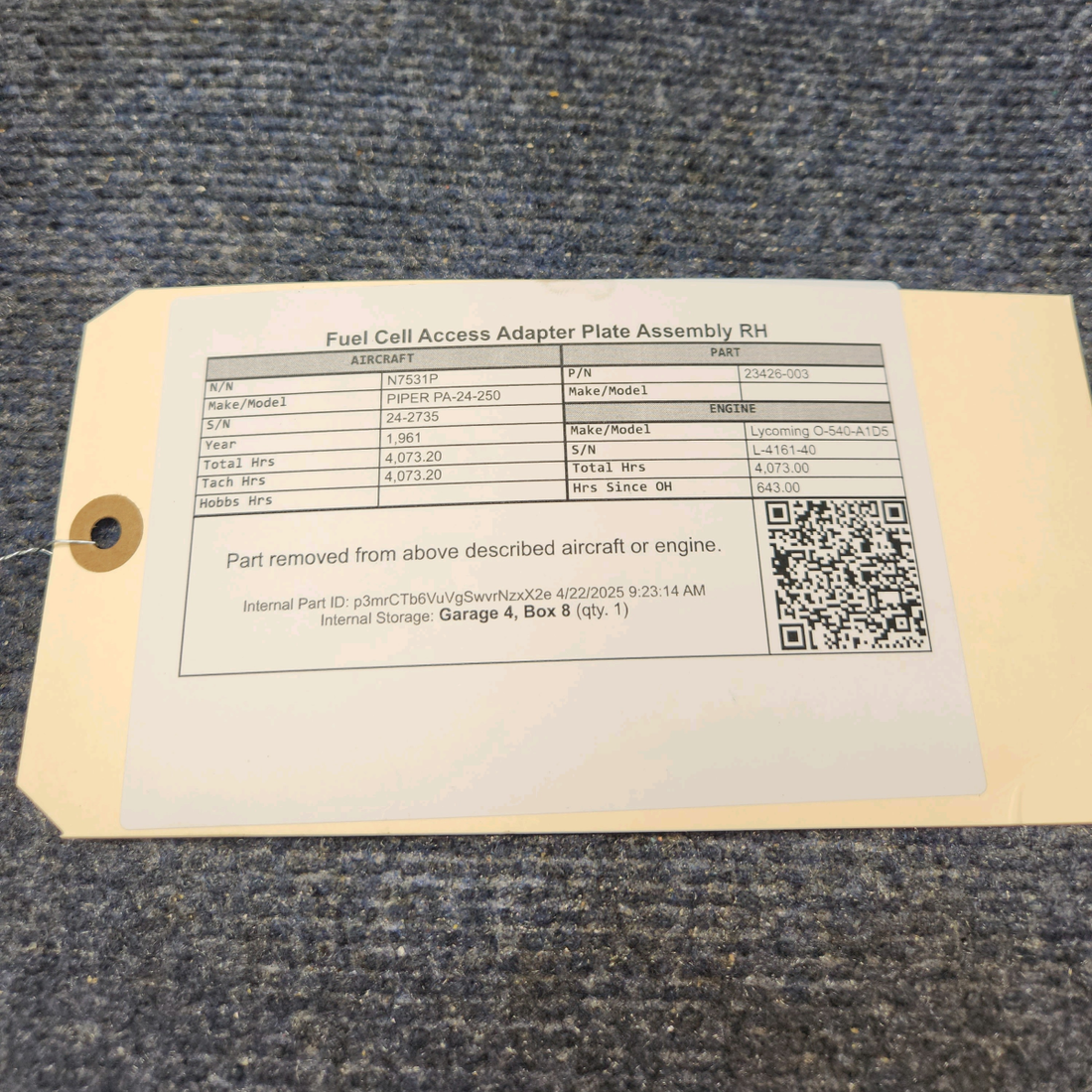 Used aircraft parts for sale, 23426-003 PIPER PA-24-250 Fuel Cell Access Plate Assembly RH