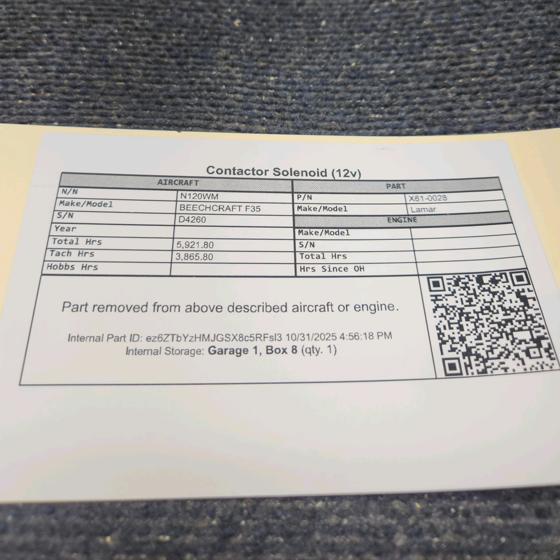 Used aircraft parts for sale, X61-0028 Lamar BEECHCRAFT F35 Contactor Solenoid (12v)