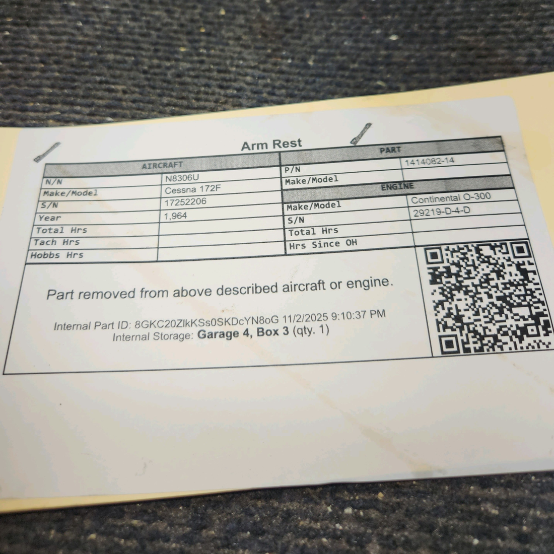 Used aircraft parts for sale, 1414082-14 Cessna 172F Arm Rest