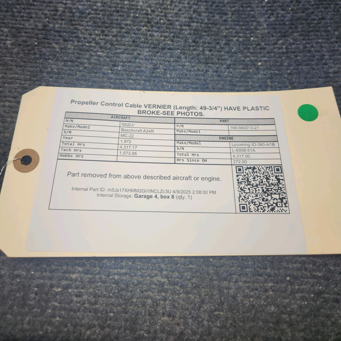 Used aircraft parts for sale, 169-940013-21 Beechcraft A24R Propeller Control Cable VERNIER (Length: 49-3/4") PLASTIC IS BROKE-SEE PHOTOS.