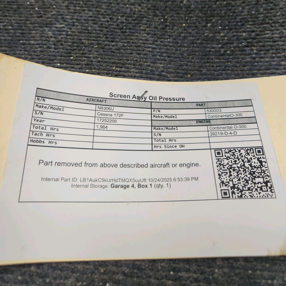 Used aircraft parts for sale, 530003 Continental O-300-D Cessna 172F Screen Assy Oil Pressure