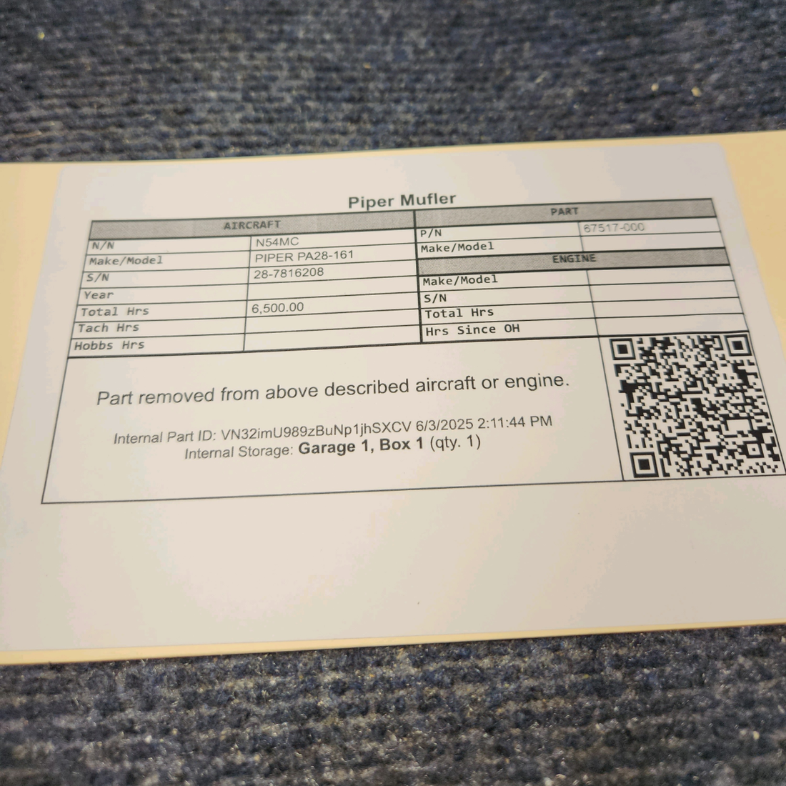 Used aircraft parts for sale, 67517-000 PIPER PA28-161 Muffler
