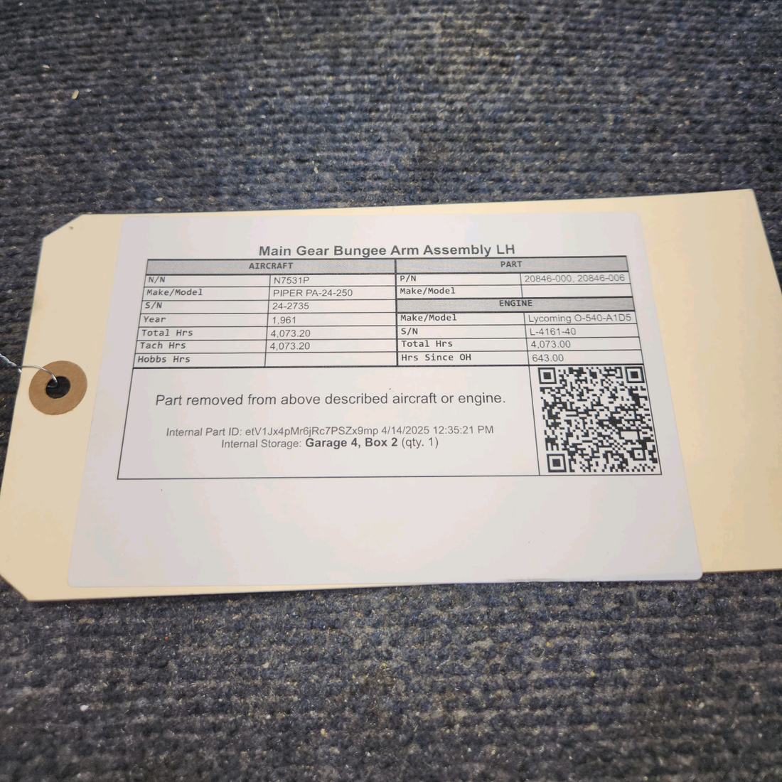 Used aircraft parts for sale, 20846-000 PIPER PA-24-250 Main Gear Bungee Arm Assembly LH