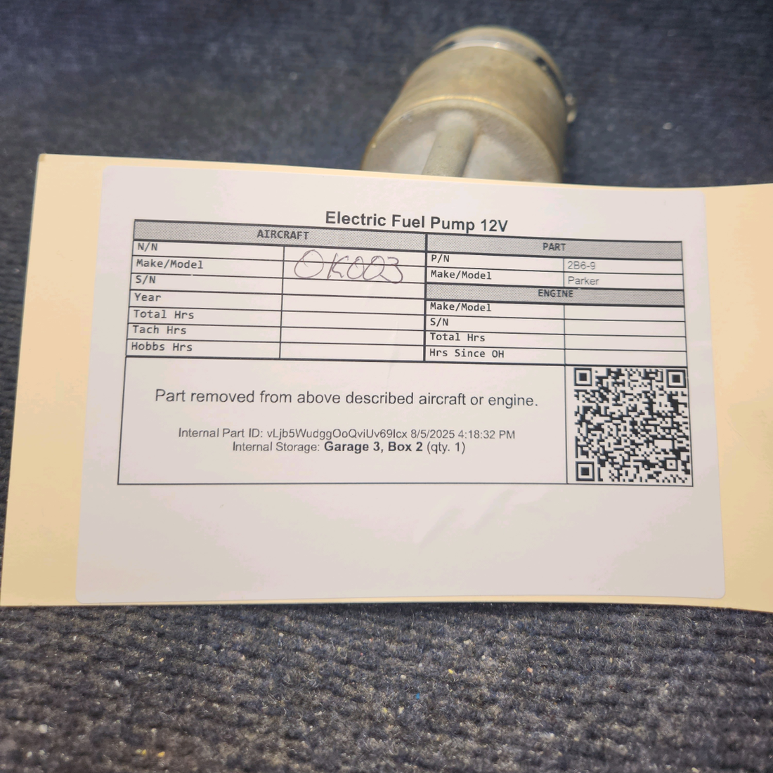 Used aircraft parts for sale, 2B6-9 Airborne Electric Fuel Pump 12V