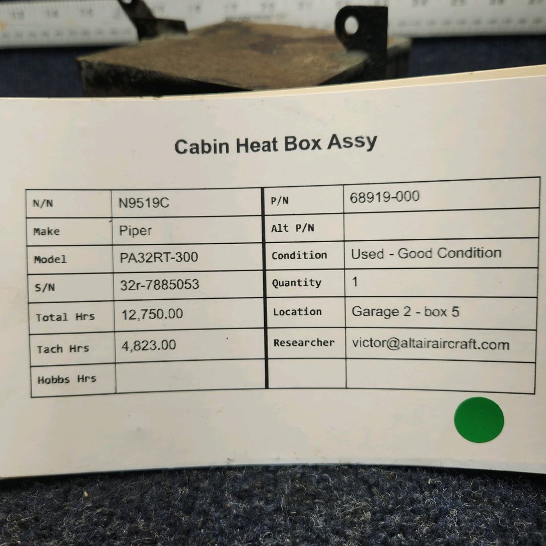 Used aircraft parts for sale, 68919-000 Piper PA32RT-300 CABIN HEAT BOX ASSY