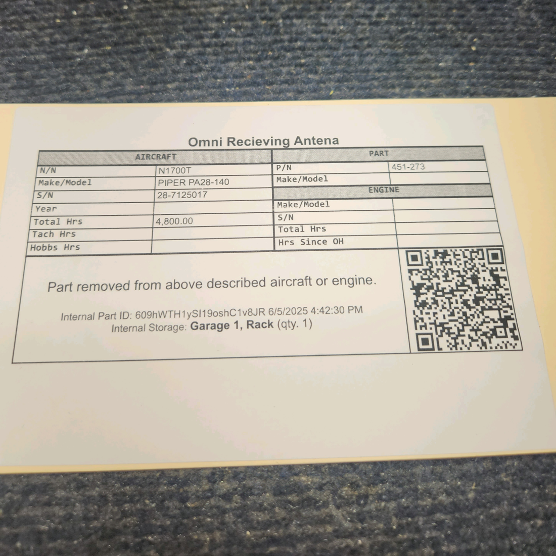 Used aircraft parts for sale, 451-273 PIPER PA28-140 Omni  Recieving Antena