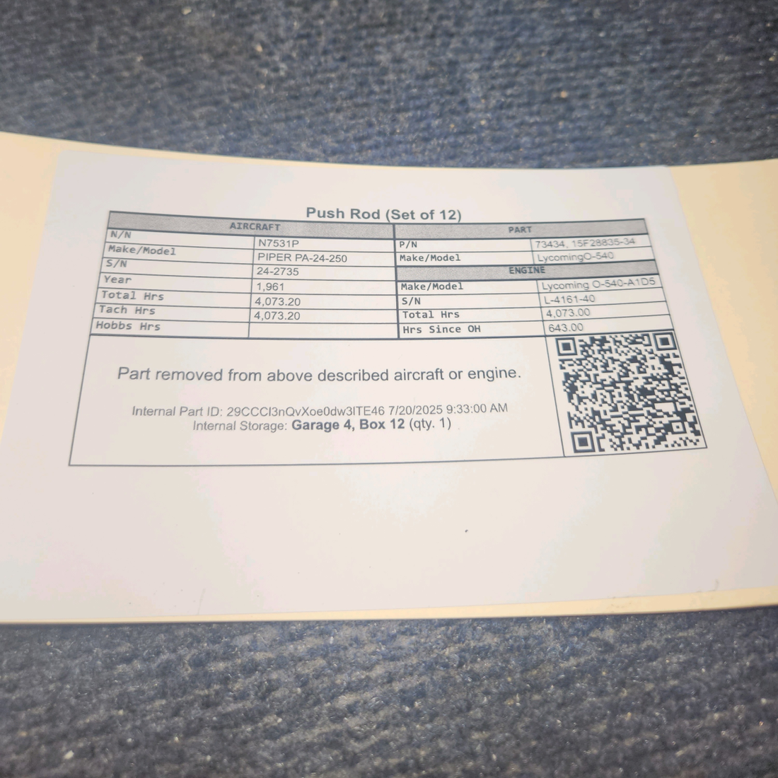 Used aircraft parts for sale, 73434 Lycoming O-540 PIPER PA-24-250 Push Rod  - Set of 12