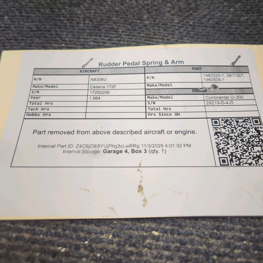 Used aircraft parts for sale, 1460320-1, 0411307, 1460505-1 Cessna 172F Rudder Pedal Spring & Arm