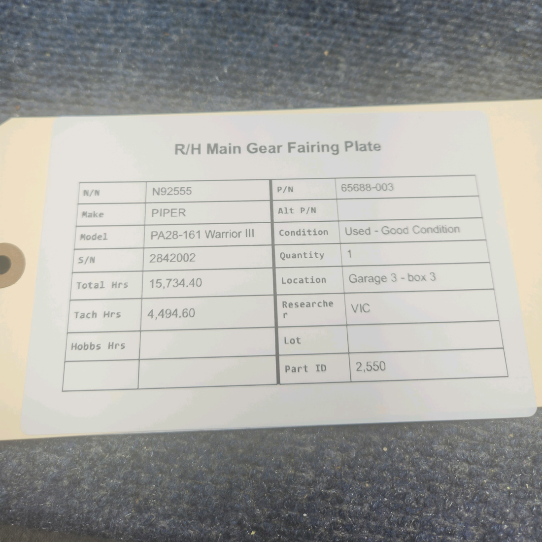 Used aircraft parts for sale, 65688-003 PIPER PA28-161 Warrior III R/H MAIN GEAR FAIRING PLATE