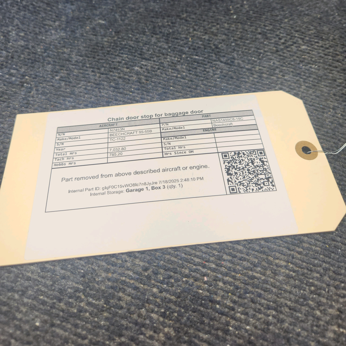 Used aircraft parts for sale, NAS1455C8-16C BEECHCRAFT 95-55B Baggage Door Chain Door Stop
