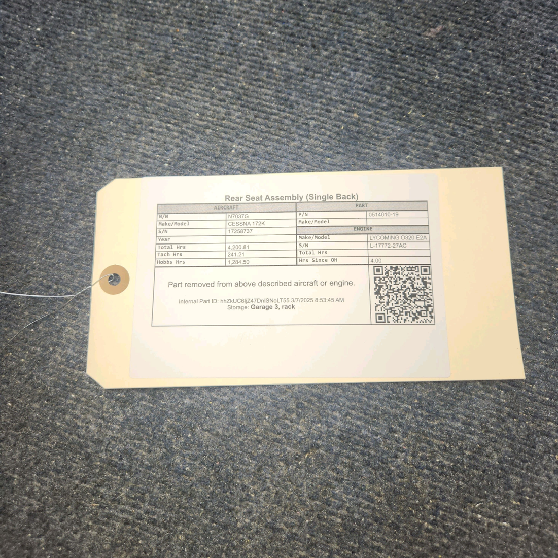 Used aircraft parts for sale, 0514010-19 CESSNA 172K REAR SEAT ASSEMBLY (SINGLE BACK)