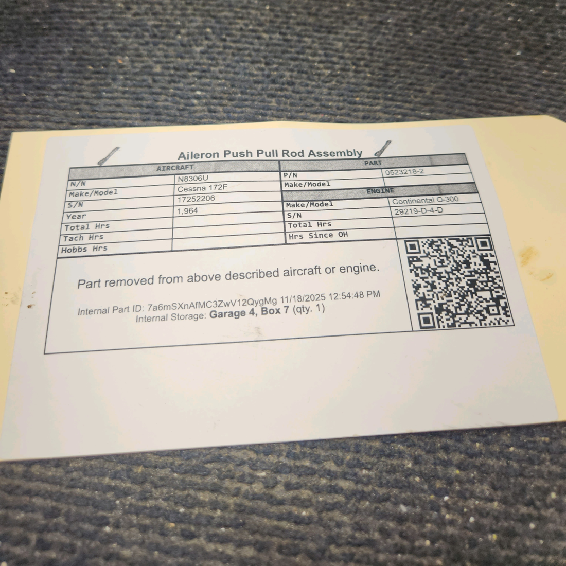 Used aircraft parts for sale, 0523218-2 Cessna 172F Aileron Push Pull Rod Assembly