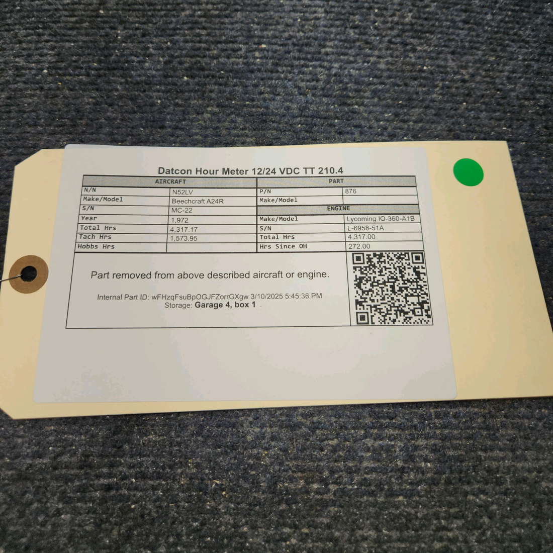 Used aircraft parts for sale, 876 Beechcraft A24R Datcon Hour Meter  12/24 VDC TT 210.4