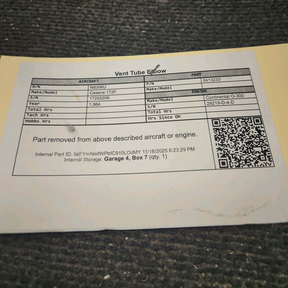 Used aircraft parts for sale, 0413233 Cessna 172F Vent Tube Elbow