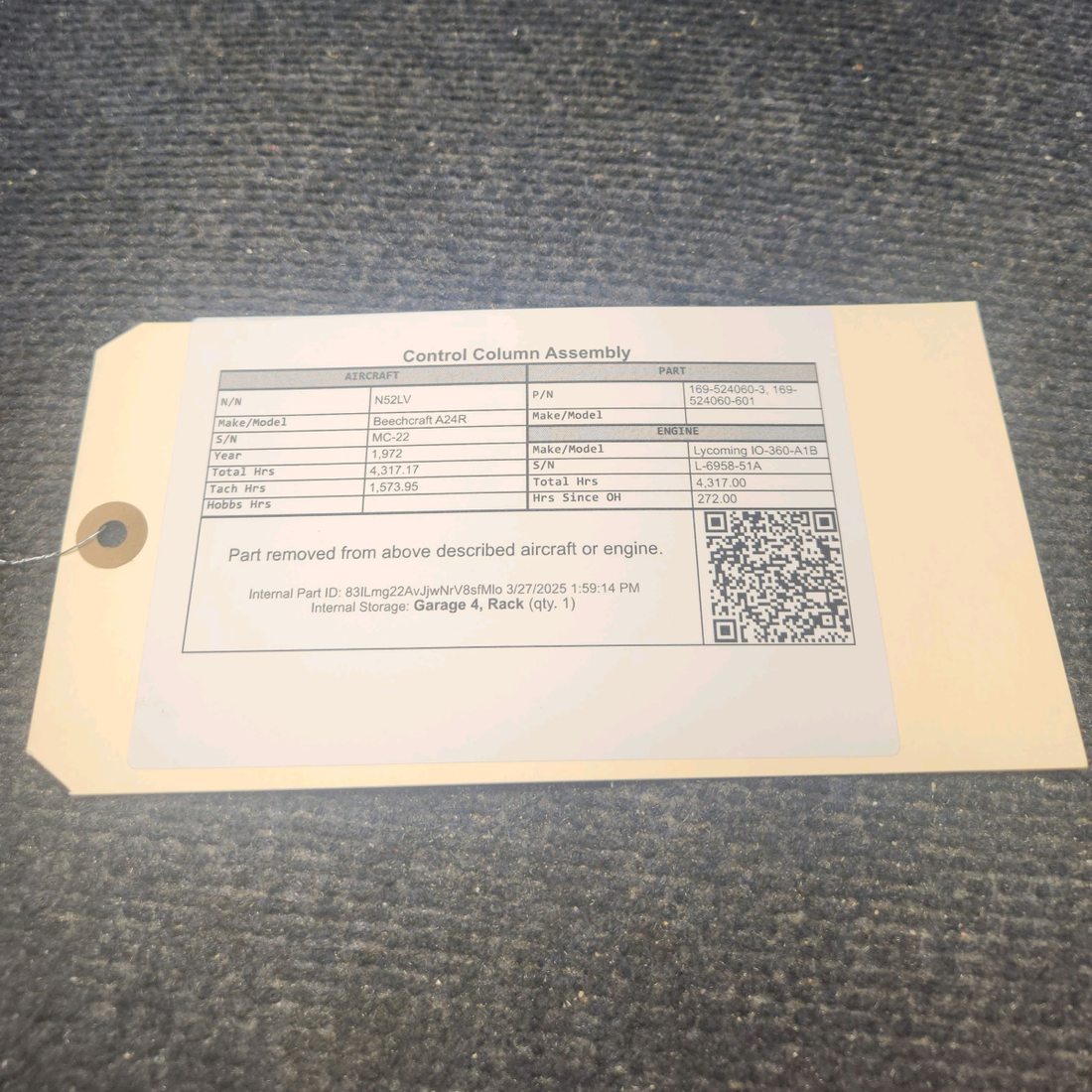 Used aircraft parts for sale, 169-524060-3 Beechcraft A24R Control Column Assembly