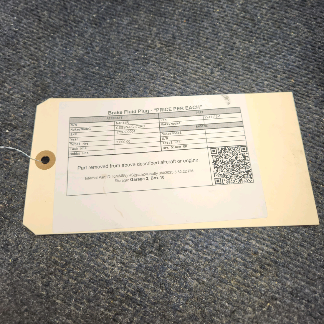 Used aircraft parts for sale, 2241113-1 CESSNA C172RG Brake Fluid Plug - "PRICE PER EACH"