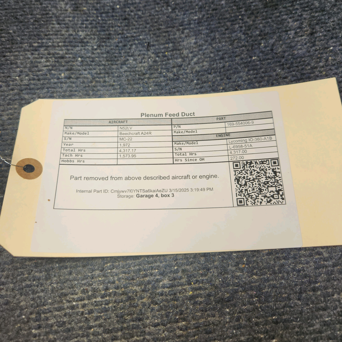 Used aircraft parts for sale, 169-554006-9 Beechcraft A24R Plenum Feed Duct