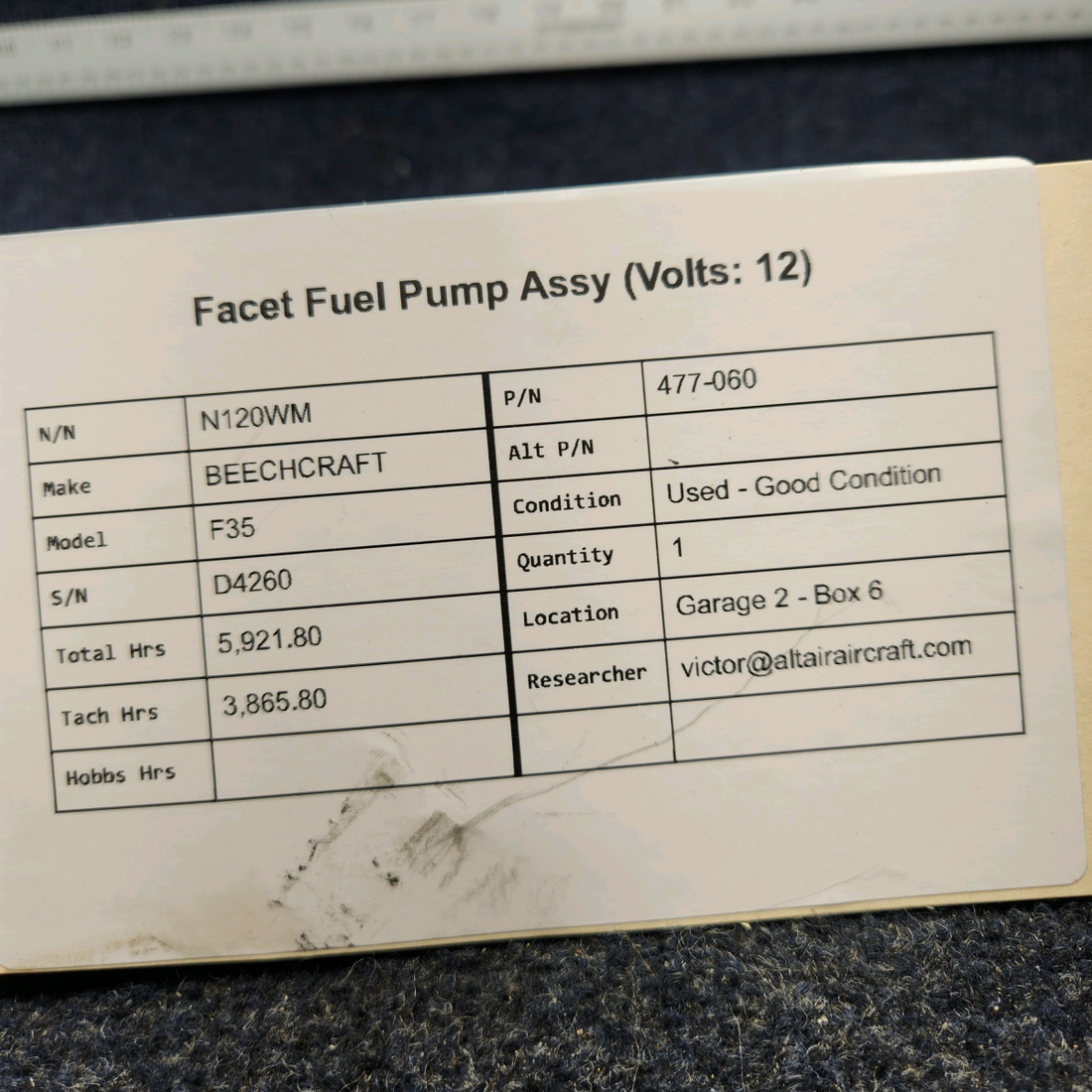 Used aircraft parts for sale, 477-060 BEECHCRAFT F35 FACET FUEL PUMP ASSY (VOLTS: 12)