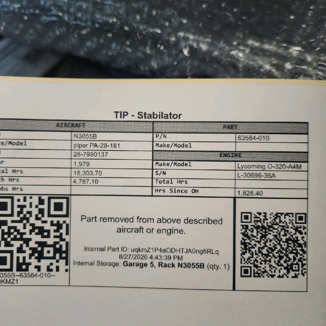 Used aircraft parts for sale, 63584-010 piper PA-28-181 Stabilator Tip