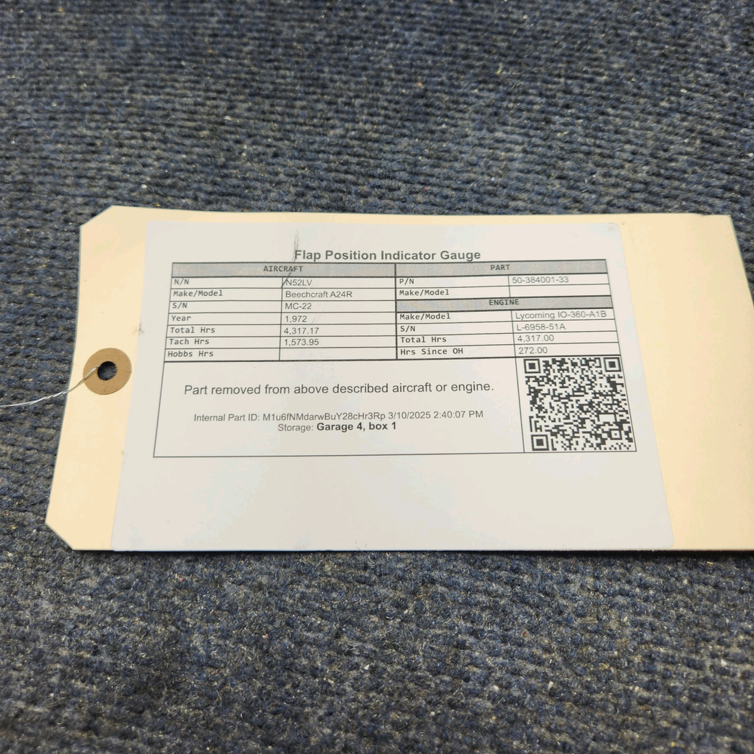 Used aircraft parts for sale, 50-384001-33 Beechcraft A24R Flap Position Indicator Gauge