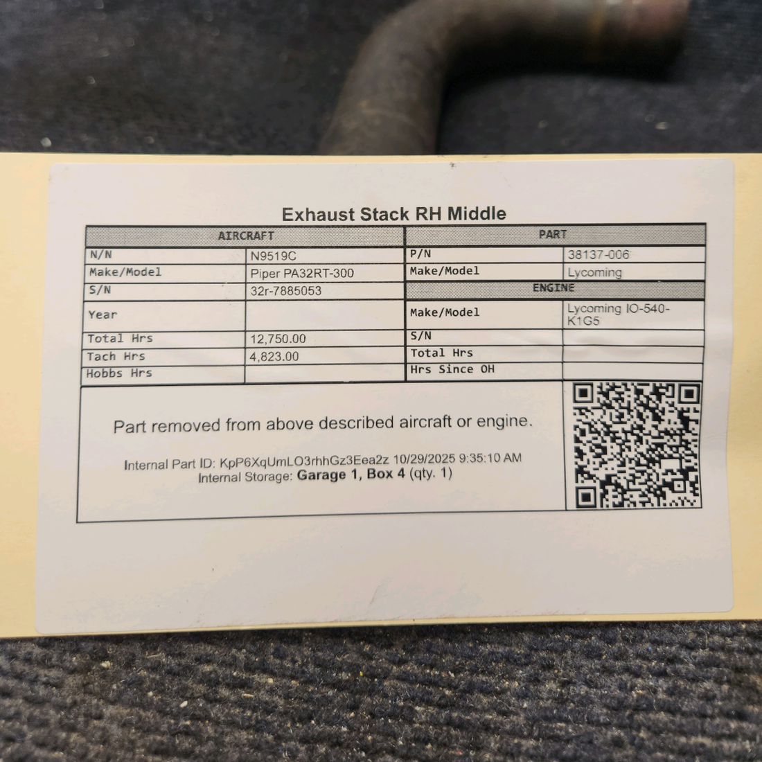 Used aircraft parts for sale, 38137-006 Lycoming IO-540-K1G5 Piper PA32RT-300 Exhaust Stack RH Middle
