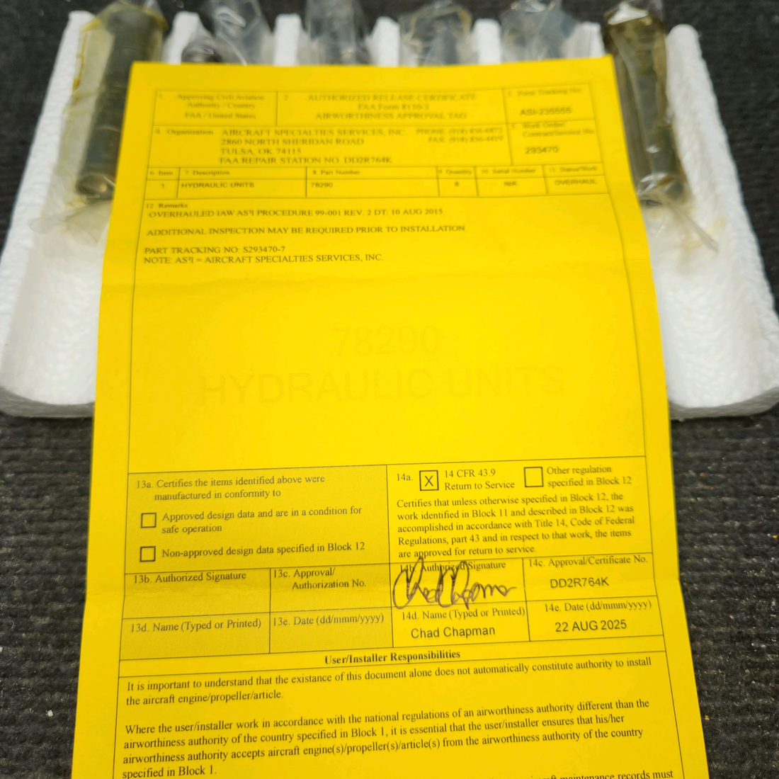 Used aircraft parts for sale, 78290 Lycoming O-320 Piper PA28-140 Hydraulic Plug Assy W/ Sockets Set of 8 with 8130-1