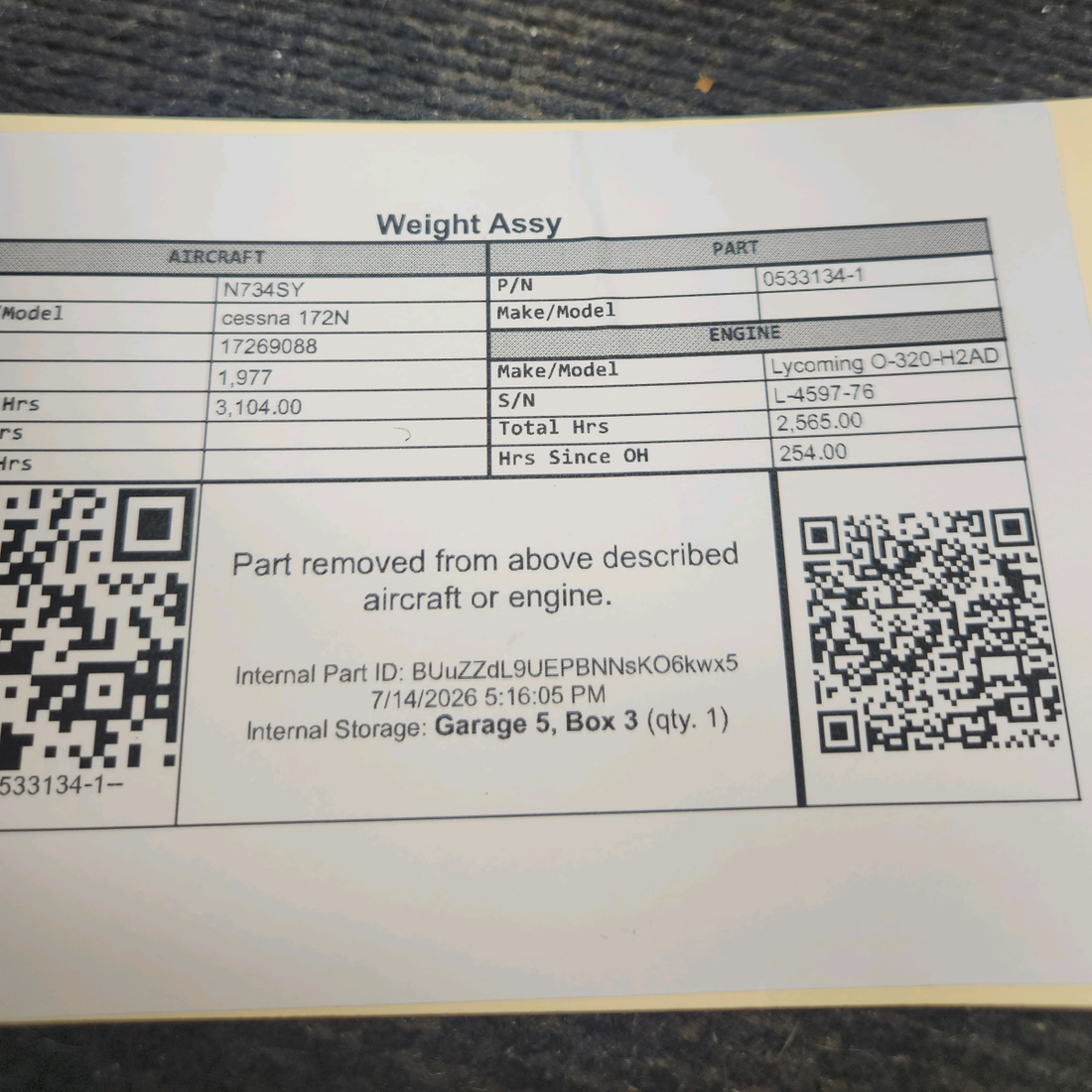 Used aircraft parts for sale, 0533134-1 cessna 172N Weight Assembly