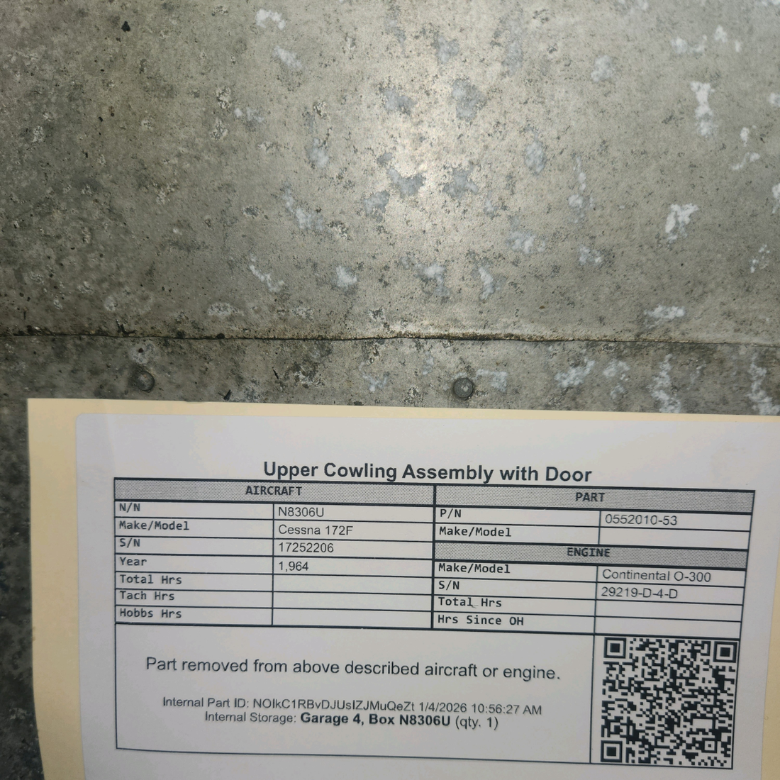 Used aircraft parts for sale, 0552010-53 Cessna 172F Upper Cowling Assembly with Door