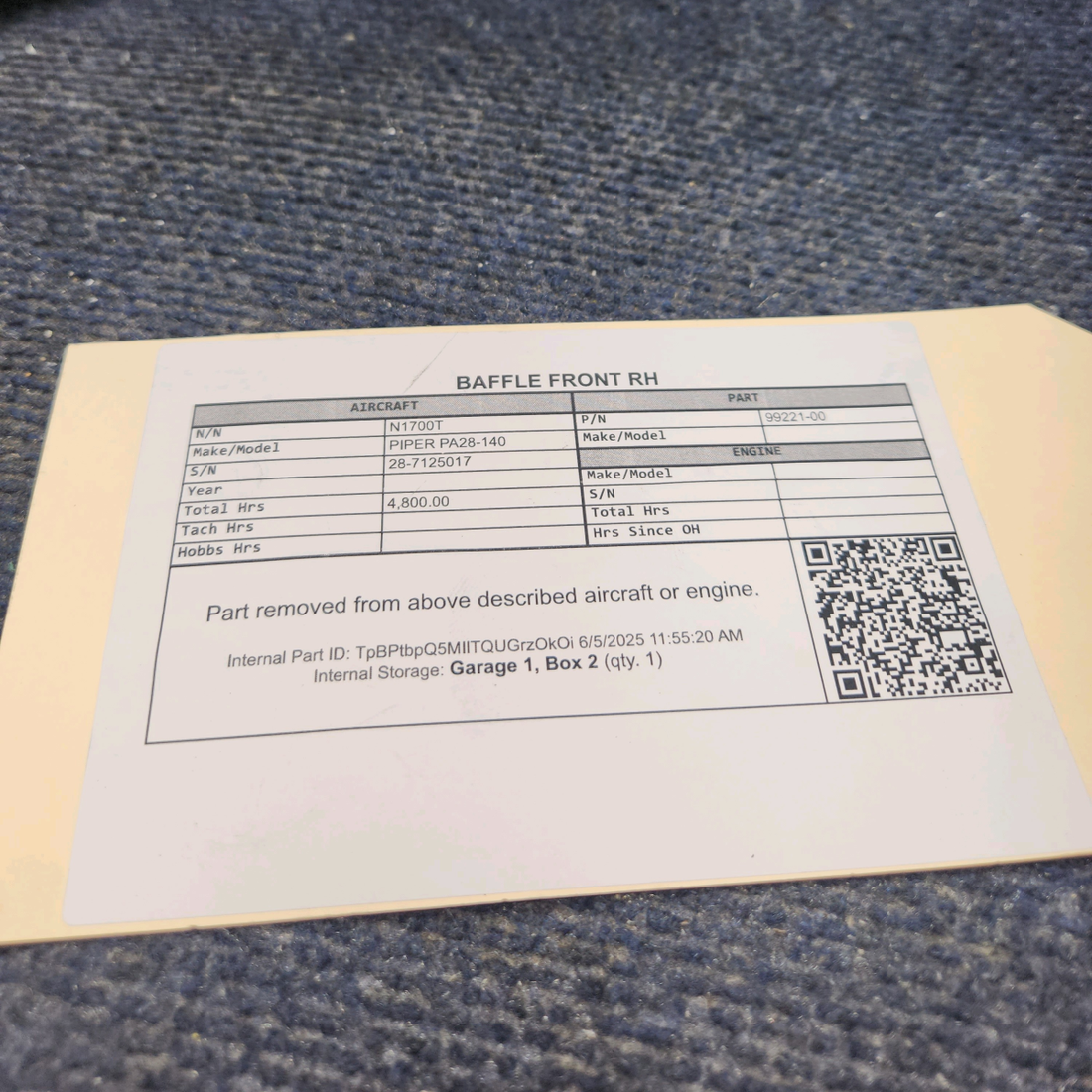 Used aircraft parts for sale, 99221-00 PIPER PA28-140 Baffle Front - RH