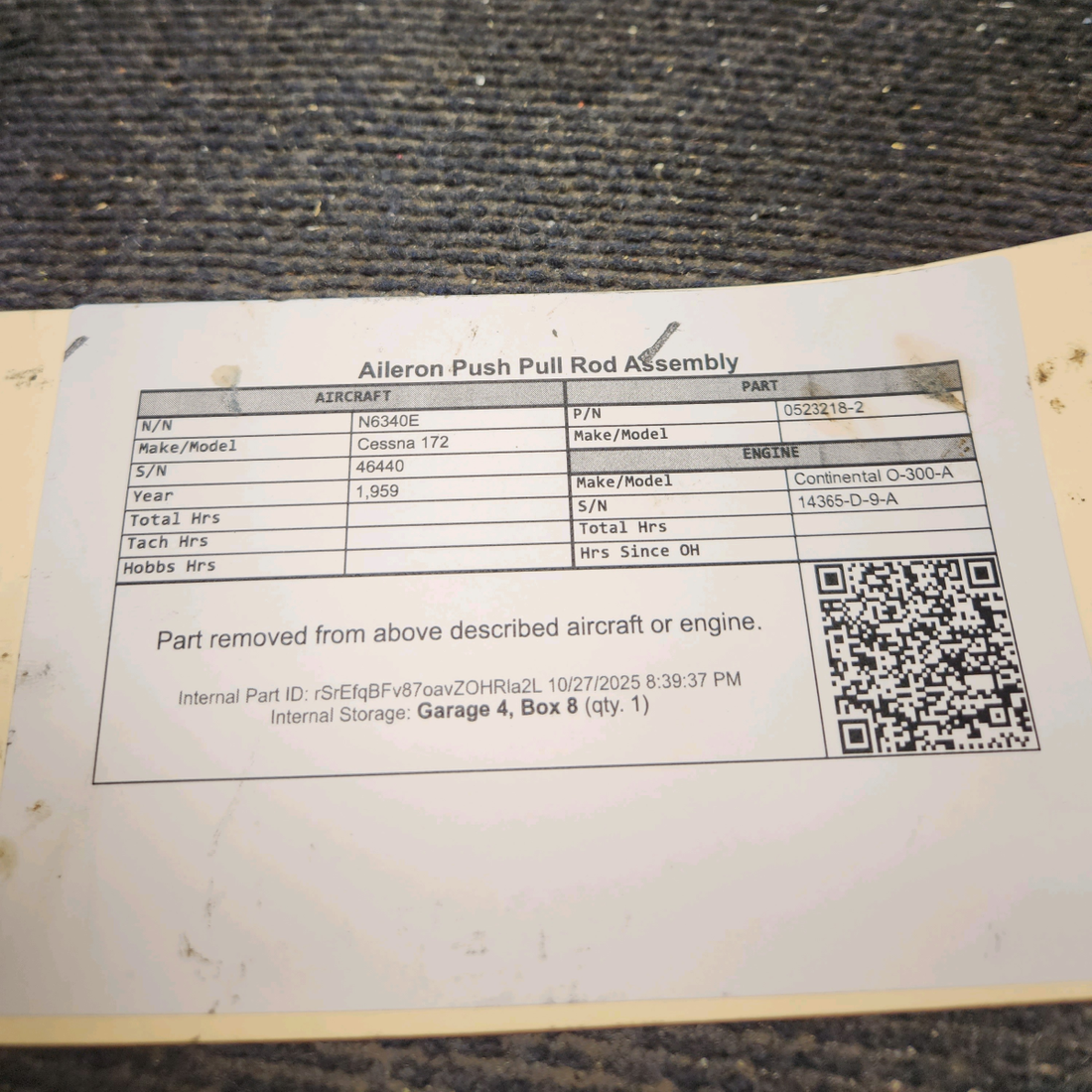 Used aircraft parts for sale, 0523218-2 Cessna 172 Aileron Push Pull Rod Assembly