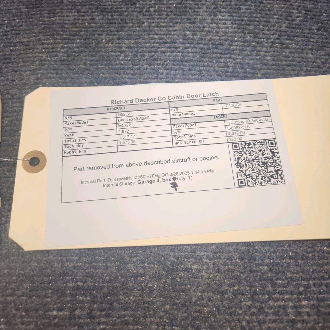 Used aircraft parts for sale, 1040BCH Beechcraft A24R Richard Decker Co Cabin Door Latch