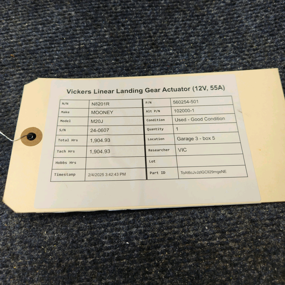 Used aircraft parts for sale, 560254-501 Vickers 102000-1 MOONEY M20J VICKERS LINEAR LANDING GEAR ACTUATOR (12V, 55A)