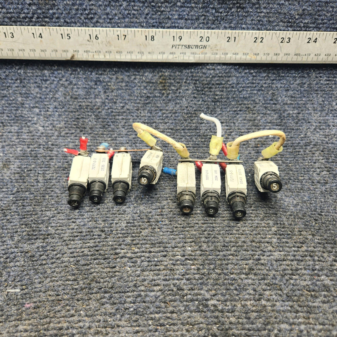 Used aircraft parts for sale, 7277-2-3, 7277-2-5 klixon 7277 Series Beechcraft A23A Musketeer Custom III KLIXON PUSH CIRCUIT BREAKER (SET OF 8)  (4-5A0 (2-3A) (1-7A) (1-10A)