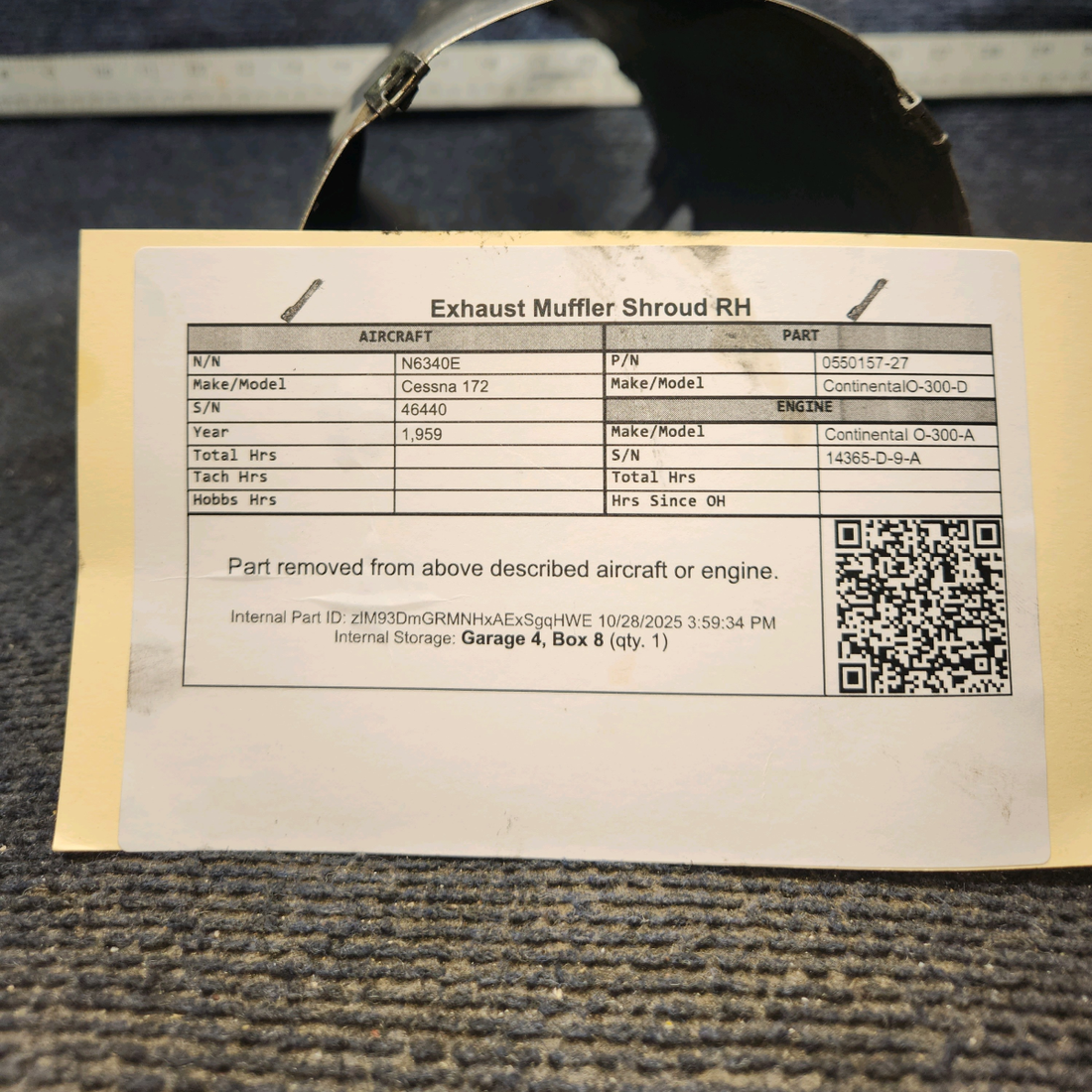 Used aircraft parts for sale, 0550157-27 Continental O-300-D Cessna 172 Exhaust Muffler Shroud - RH