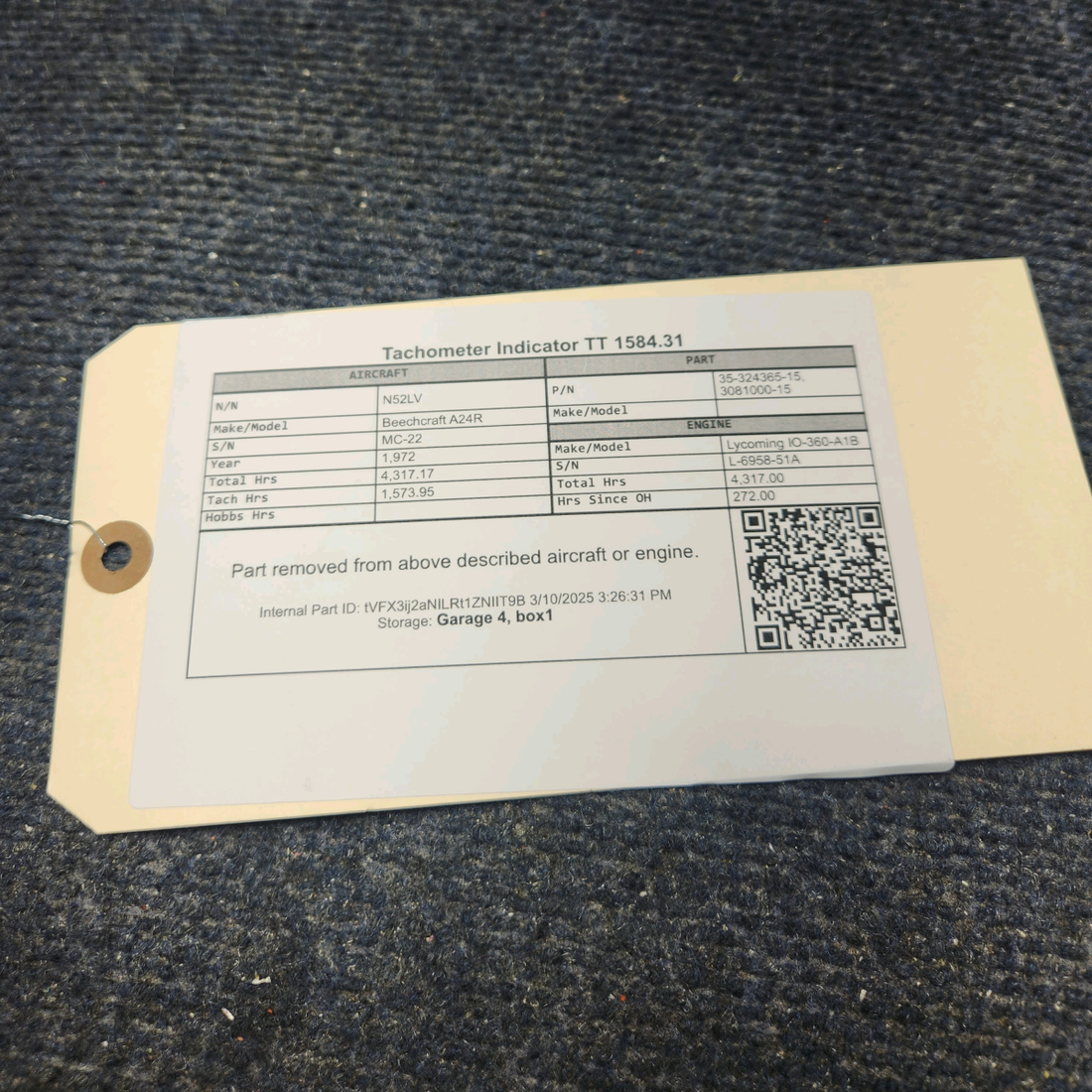 Used aircraft parts for sale, 35-324365-15 Beechcraft A24R Tachometer Indicator TT 1584.31