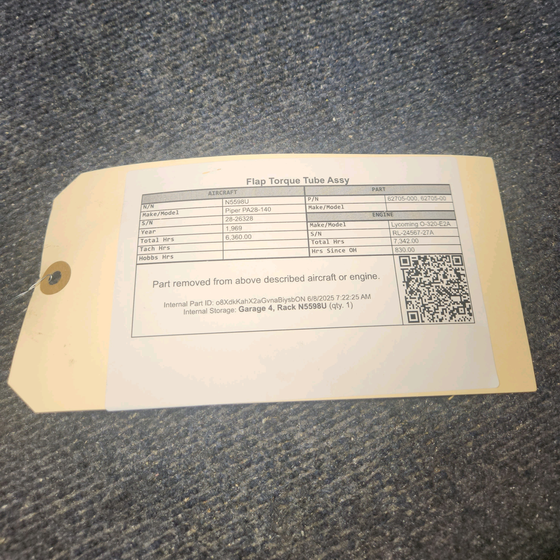 Used aircraft parts for sale, 62705-000 Piper PA28-140 Flap Torque Tube Assy