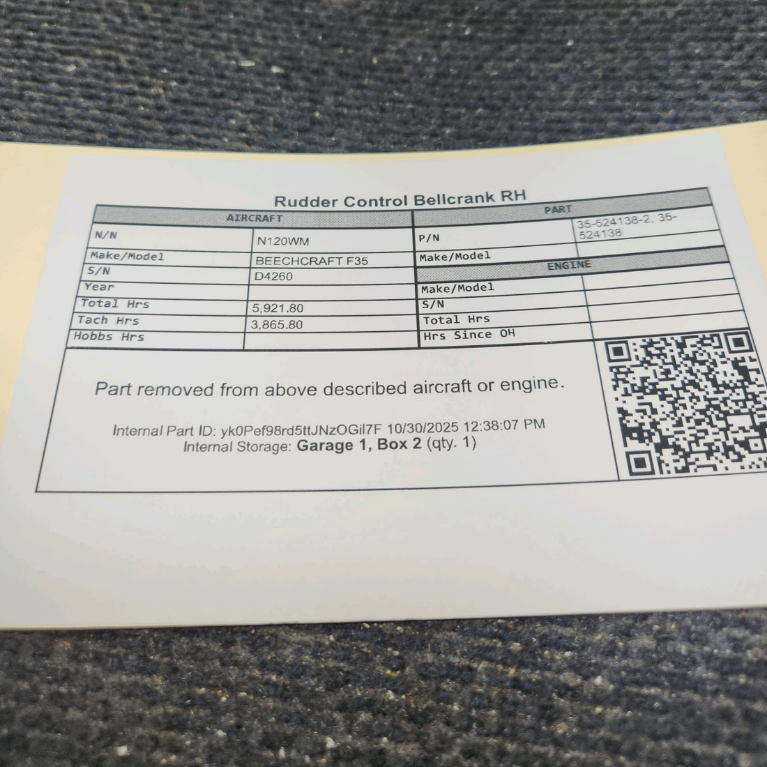 Used aircraft parts for sale, 35-524138-2 BEECHCRAFT F35 Rudder Control Bellcrank - RH