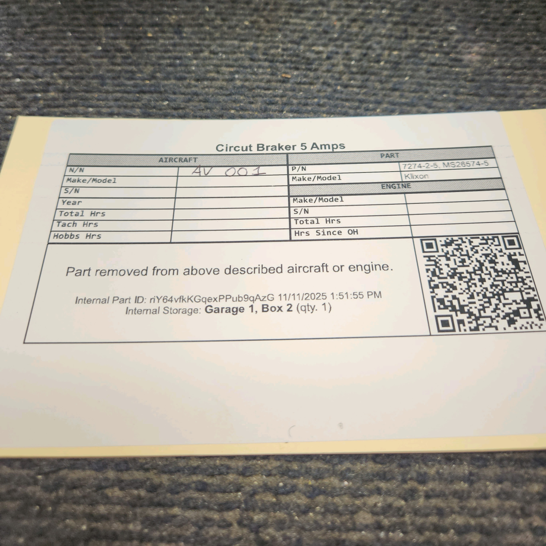 Used aircraft parts for sale, 7274-2-5 Klixon Cessna Circut Braker 5 Amps