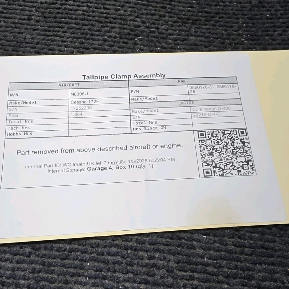 Used aircraft parts for sale, 0550176-31, 0550176-26 Cessna 172F Tailpipe Clamp Assembly