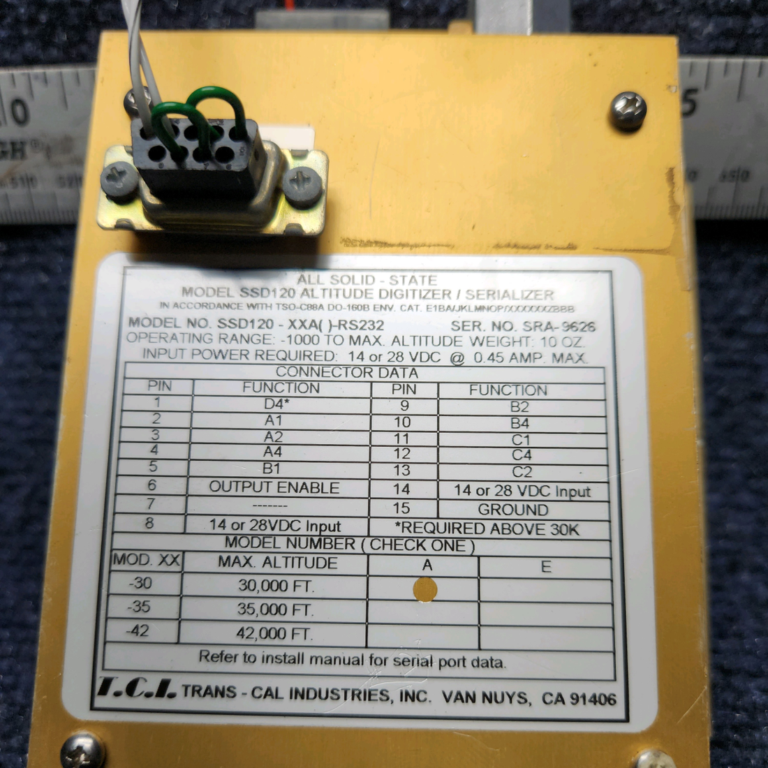 Used aircraft parts for sale, SSD120-XXA( )-RS232 Beechcraft C23 SUNDOWNER TRANS-CAL SSD120 ALTITUDE DIGITALIZER -RS232 W/ PLUG