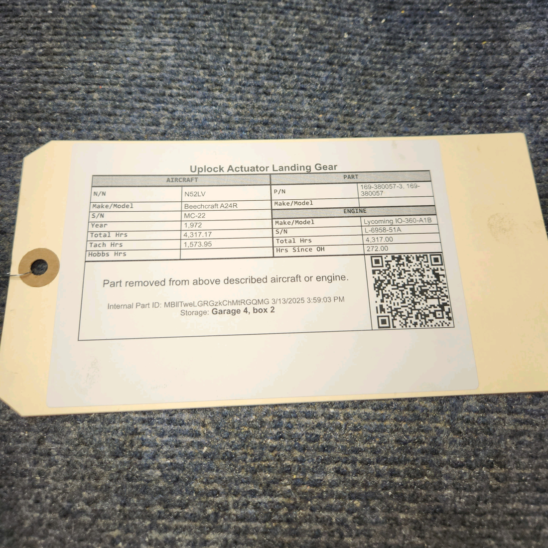 Used aircraft parts for sale, 169-380057-3 Beechcraft A24R Uplock Actuator Landing Gear