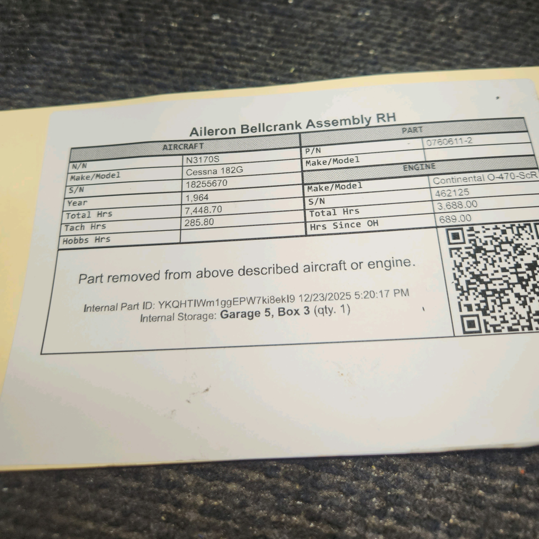 Used aircraft parts for sale, 0760611-2 Cessna 182G Aileron Bellcrank Assembly - RH